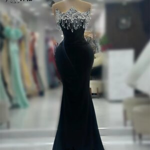 Elegant Woman Black Mermaid Evening Dress with Silver Crystal Tassel Sexy Beaded Formal Occasion Gowns Prom Dress vestidos gala