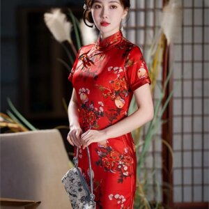 Women’s long slim-fit silk cheongsam runway banquet red dress