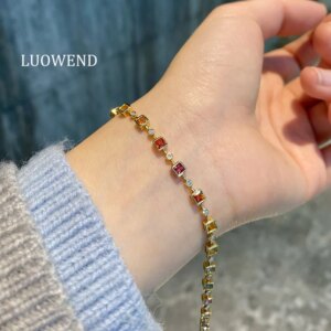 LUOWEND 100% 18K Yellow Gold Bracelet Elegant Lady Style Natural Color Sapphire Luxury Gemstone Bracelet for Women Party Jewelry