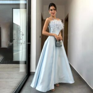 Giggle Strapless luxury Feathers Arabia Ankle-Length elegant party dresses woman 2025 Satin A-LINE Evening Gown فساتين سهرة