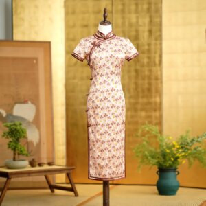 High Quality Real Silk Heavy Fruit Green Vintage Print Daily Cheongsam Qipao Women’s Clothing Dress Six Petals Small Flower