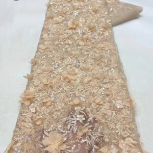 Fashion 3D French Nigerian Mesh Sequin Applique Lace Fabric 2025 High Quality African Beaded Lace Women’s Dress Sewn 5 Yards