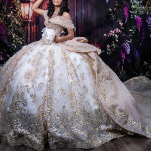 Light Champagne Shiny Quinceanera Dresses Off Shoulder Ball Gown Sweet 16 Dress Beading Crystal Gold Applique Lace Bow Tull
