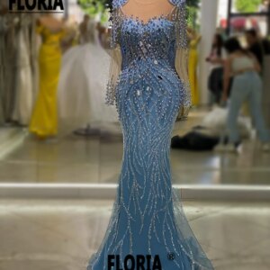 Full Pearls Crystal Elegant Mermaid Evening Dressses Beaded Tassels Blue Prom Dress Gorgeous Wedding Party Gowns Robe De Soiree