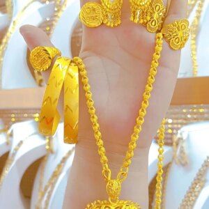 Popodion Women’s Jewelry New 14K Gold Plated Dubai Jewelry Necklace Bracelet Ring Women’s Earring Set Jewelry YY10312