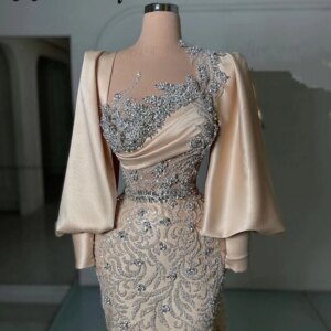Dubai Luxury Champagne Lantern Sleeve Evening Dress Sheer Beaded Neck Wedding Party Gowns Muslim Celebrity Dresses Customized
