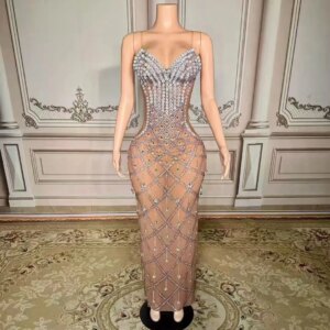 MisShow Sexy Nude Diamonds Evening Dresses Crystal Beaded Black Girls Prom Gowns Nightclub Party Performance Vestidos Customized