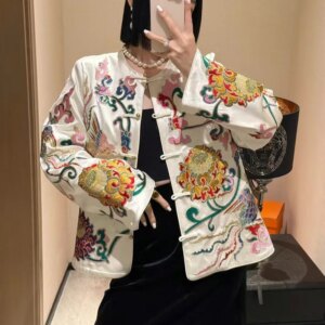High-end Satin Acetate Women Jacket Top Embroidery Flowers Tang Suit Elegant Lady Loose Coat Female S-XXL