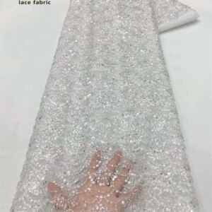 5 Yards Newest White African Tulle Pearls Tube Beads Sequins Embroidered 2024 French Net Lace Fabric For Wedding Party Dresses