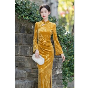 Yellow Improved Velvet Long New Chinese Style Sleeve Cheongsam Qi Pao Autumn Daily Wearable Women’s Dress