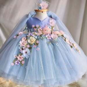 Sky Blue Princess Flower Girl Dresses For Wedding Tulle Appliqued Floral Lolita Toddler Pageant Gowns Kids Birthday Dress