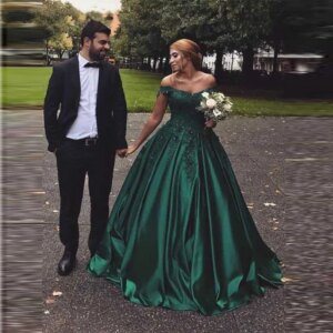 Customized Green Off The Shoulder Evening Dresses Sweetheart Neck Beaded Appliques Satin Robe de Soiree Ball Gown