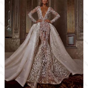 Luxuty Deep V Neck Lace Mermaid Evening Dress Elegant Prom Gown Robes De Soirée Customized Dresses