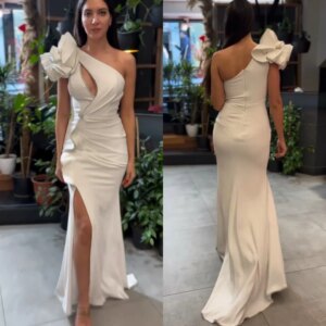 Customized Jersey Flower Draped Pleat Evening Sheath One-shoulder Bespoke Occasion Gown Long Dresses Saudi Arabia
