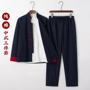 Chinese Style Spring Retro Set Cotton Suit Three-Piece Men’s Button Knots Hanfu Casual Coarse Cloth Lay Buddhist Clothes