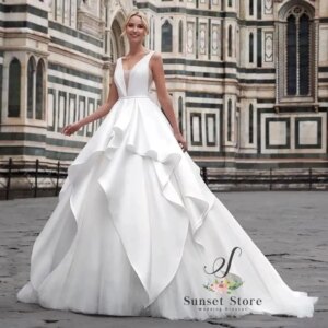 Customized Dresses Pleat Sleeveless V-Neck Sweep Train Back Bow Ruffles Elegant Women Bridal Princess Dress Vestidos 2025