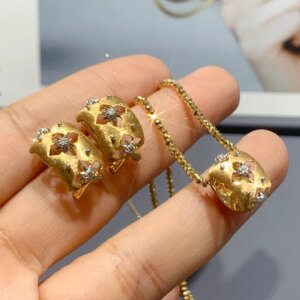 Aazuo Luxury Jewelry 18K Yellow Gold Jewelry Sets Real Diamonds Fairy Round Ring Necklace Earring For Women Engagement Wedding