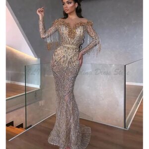 Luxury Mermaid Evening Dresses Sheer Jewel Neck Beaded Sequins Tassel Prom Dress Long Sleeves Illusion Sweep Train Formal Party