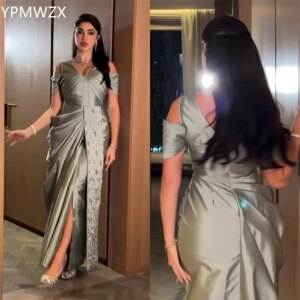 Customized Evening Dress Women Prom Gown Formal YPMWZX V-neck Sheath Ankle Length Skirts Fold Knot Bead Bespoke Occasion Dresses