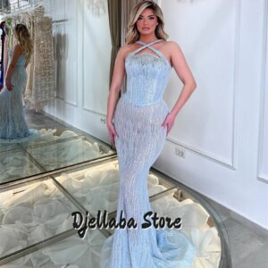Sky Blue Luxury Beaded Lace Women’s Evening Dresses Saudi Arabia Special Occasions Dress Halter Mermaid Prom Dress Customized