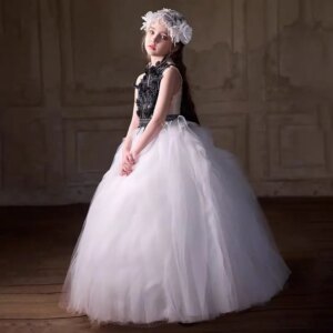 Jill Wish Luxury Black White Flower Girl Dress Beaded for Children Princess Wedding Pageant Birthday Party Evening Gown J375