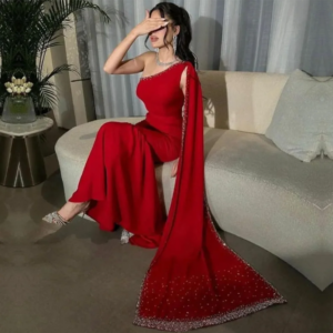 Customized Red A-Line Prom Dresses Floor-Length One-Shoulder Sleeveless Stole Evening Gown Fashion Sequined Draped Party Gown