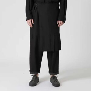 YOJI OOAK original design pleated apron patchwork culottes detachable lace-up pants Dark tie men pants plank