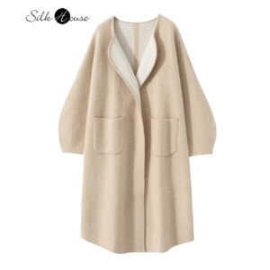 Soft 100% Cashmere Women’s Loose and Fashionable Casual Style Solid Color Long Lantern Sleeve Cashmere Sweater Cardigan