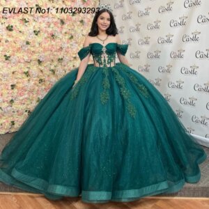 EVLAST Customized Glittering Dark Green Quinceanera Dress Ball Gown Lace Applique Beading Sweet 16 Vestido De 15 Anos E1Q389