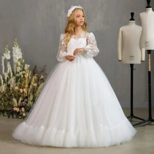 Customized White Flower Girl Dresses First Communion Gowns Pageant Gown for Wedding Lace Floor Length Princess Birthday Party