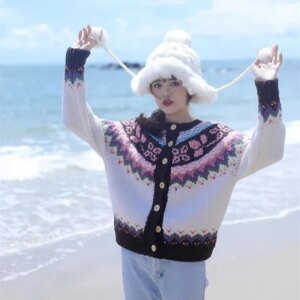 102-106cm Bust Fall Winter Cardigan Women Fair Isle Hand Knitted Vintage Pure Handmade Knitted Thick Warm 100%Wool Sweater Coat