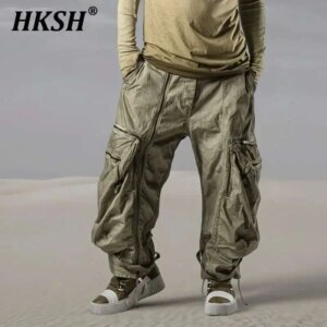 HKSH Spring Men Waste Land Safari Style Dirty Dyeing Aging Asymmetric Deconstruction Zipper Large Pocket Cargo Pants Punk HK4201