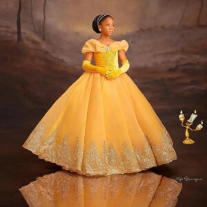 EVLAST Customized Gold Flower Girl Dress for Wedding Satin Applique Beaded First Communion Dress Kids Birthday Pageant Gown FD44