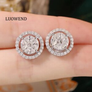 LUOWEND 100% 18K White Gold Earrings Luxury Round Shape 2.0carat Real Natural Diamond Stud Earrings for Women Senior Banquet