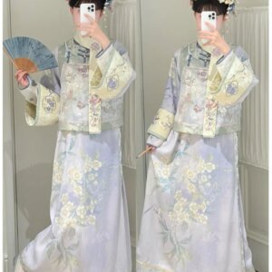 A purple Hanfu female workwoman’s full-embroidered gauze waistcoat with printed traditional Chinese style suit