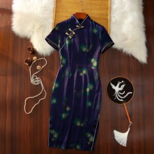 Cheongsam Qipao Women Dress Summer Stand Collar High Quality Real Silk Printed Chinese Style Vintage