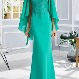 Mermaid Lace Applique Prom Dresses Chiffon Shawl with O Neck Mother of the Bride Dresses Formal Occasion Gowns Party Dresses