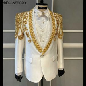 White Men Suits Two Pieces Gold Beading Crystal Evening Party Blazer Groom Wear ( Jacket + Pants )