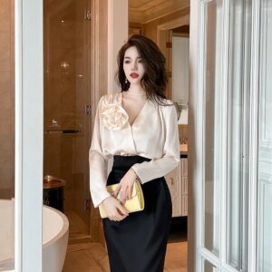 Customized Modern Jersey 3D Flowers Evening Dresses Temperament V-Neck Long Sleeves Homecoming Dress Custom Made Prom