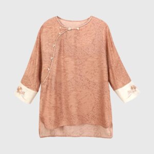 High Quality Women’s Autumn Chinese Style Clothing Embroidered Crew Neck Side Opening Knot Button Top Silk Jacquard Zen Blouse