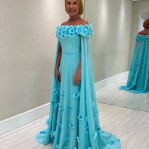 Customized Luxury Boat Neck Off the Shoulder Watteau Train Flowers Evening Dress Modern Pleats Chiffon Blue Vestido De Festa