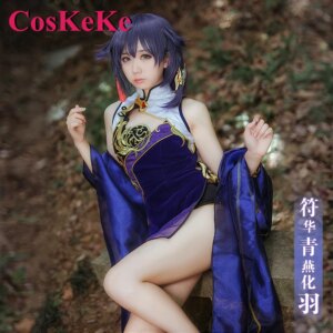 CosKeKe Fu Hua Cosplay Game Honkai Impact 3 Costume Blue Swallow Change Feathers Skin New Year’s Cheongsam Role Play Clothing