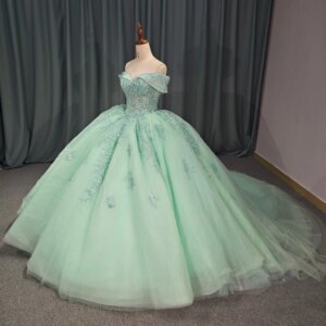 Mint Green Sparkly Princess Quinceanera Dresses Off Shoulder Gillter Beads Crystal Corset Sweet 16 vestidos de 15 años quinceañ