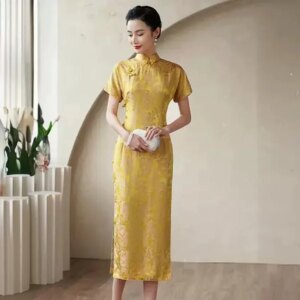 High-End Quality Real Silk Cheongsam Qipao Yellow Toast Chinese Dress Chi-Pao