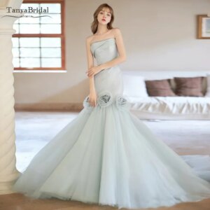 Light Sky Blue Wedding Mermaid Dresses ,Strapless Charming Bridal Gowns With Beads Detail DW1006
