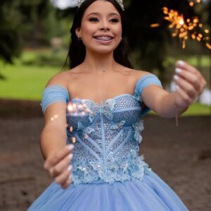 Customized sky blue Green Off Shoulder Quinceanera Dress Tull crystal butterfly applique 3D flower vestidos de 15 Quinceanera