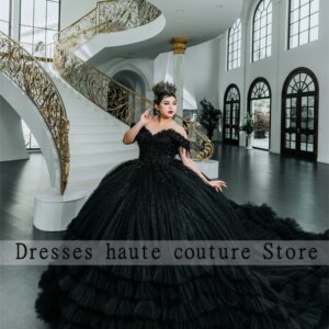 Black Tulle Beaded Quinceanera Dresses 2025 Appliques Ruffles Sweet 16 Dress Birthday Party Dress Customized Vestidos De 15 Anos