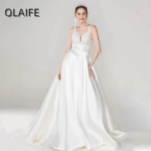 Luxurious V-neck Satin Lace A Line Wedding Dresses Sweep Train Sleeveless Backless Customized Bridal Grown Vestido De Noival