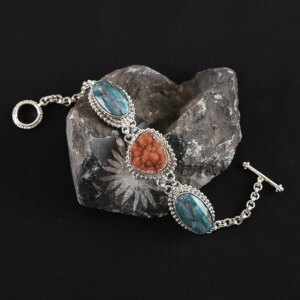 925 Sterling Silver Inlaid Charm Bracelet, Cluster Quartz,Blue Opal Bead For Pendant,Handmade Jewelry For Women