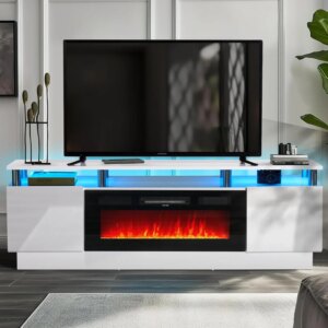A fireplace TV stand with a 36 inch electric fireplace, 2-story TV console bracket, suitable for TVs under 80 inches, white